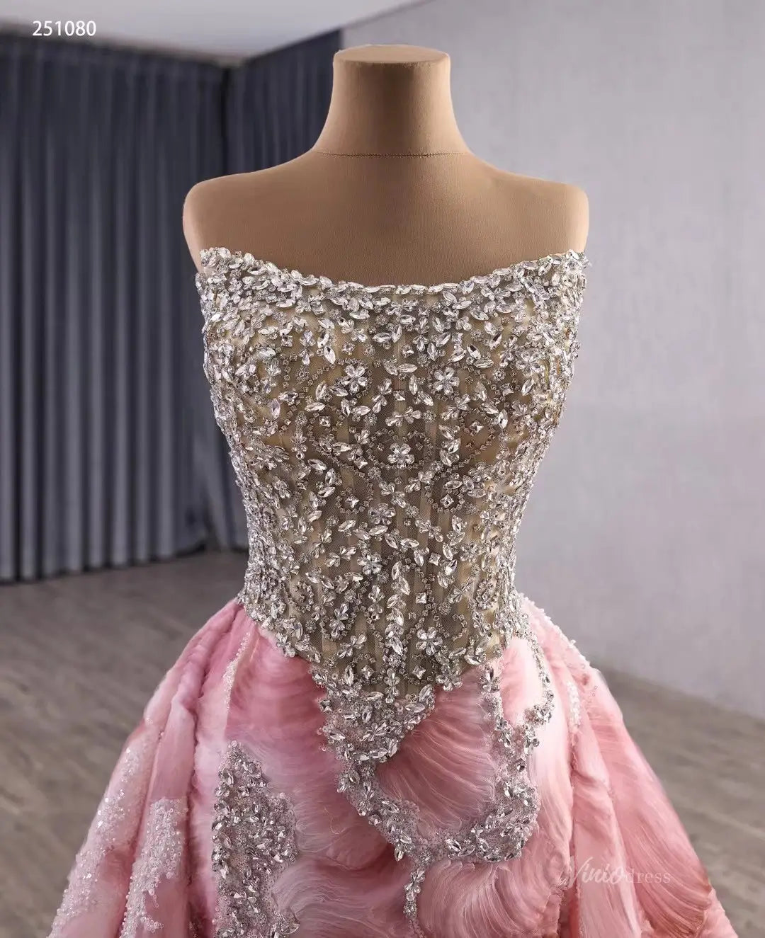 2-in-1 Strapless Pink Beaded Pageant Dress | Rhinestone Sheath Gown with Slit, Basque Waist & Detachable Overskirt 251080-Pageant Dress 2025 -Viniodress-Pink-Custom Size-