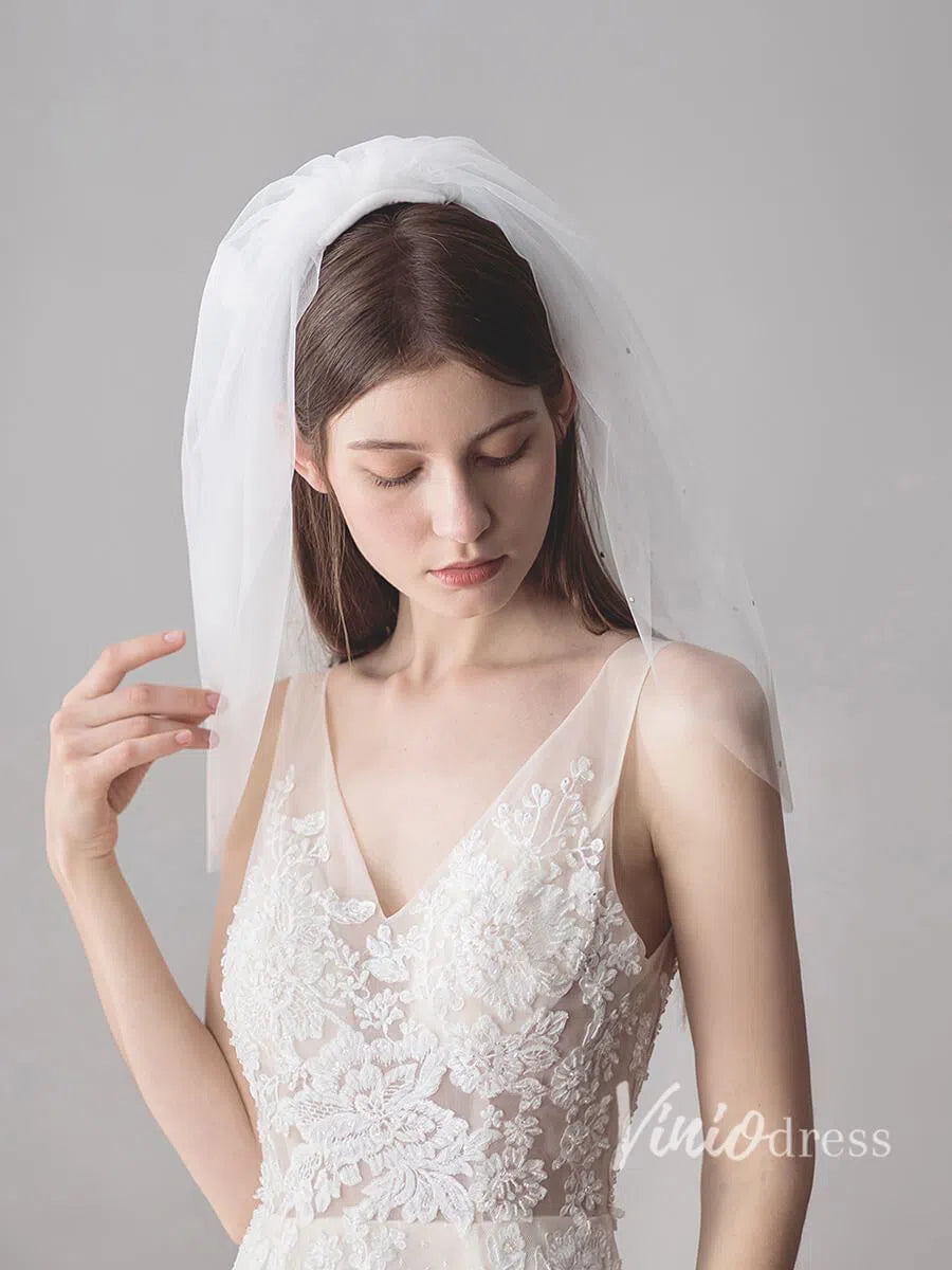 2 Tier Blusher Veil Shoulder Length Wedding Veils with Crystals AC1212-Bridal Veil 2025 -Viniodress-Ivory-