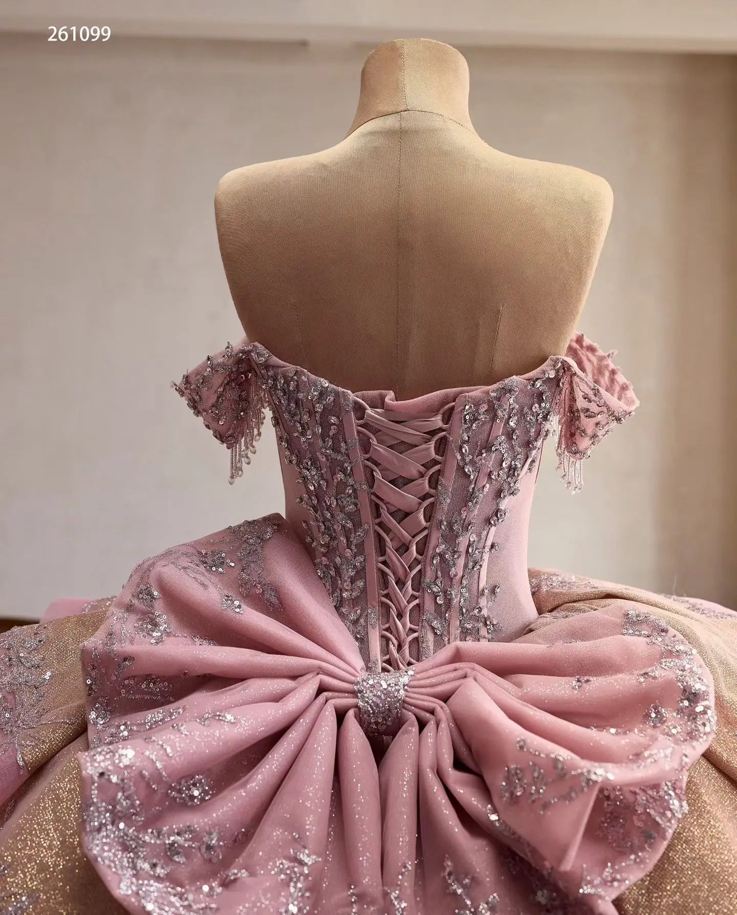 Luxury Dusty Pink Quinceañera Dresses with Bows, Off Shoulder Corset Ball Gowns 261099