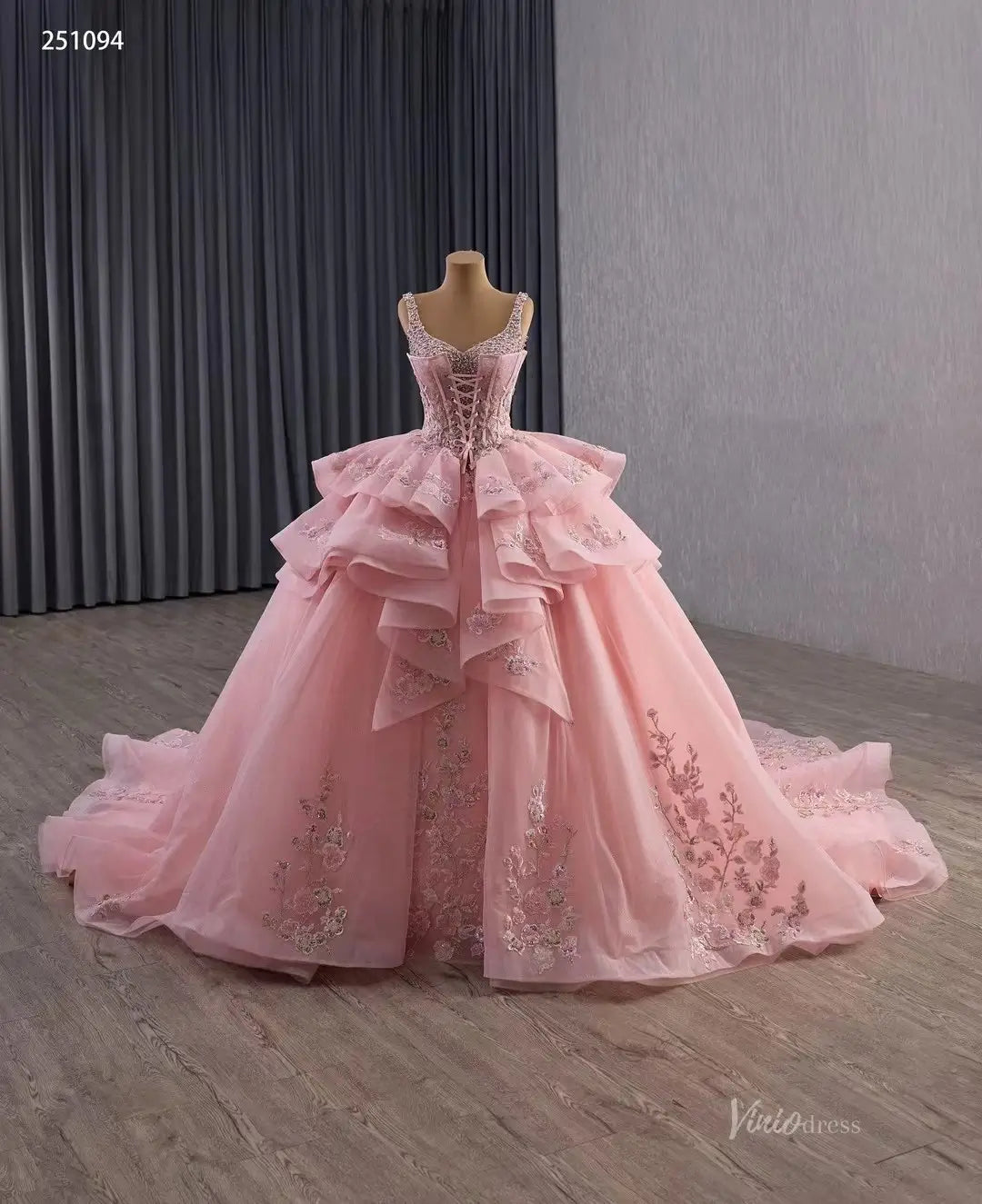 3-in-1 Pink Ball Gown Wedding Dress with Detachable Overskirt, Beaded Viniodress 3-in-1 Pink Ball Gown Wedding Dress with Detachable Overskirt, Beaded Viniodress