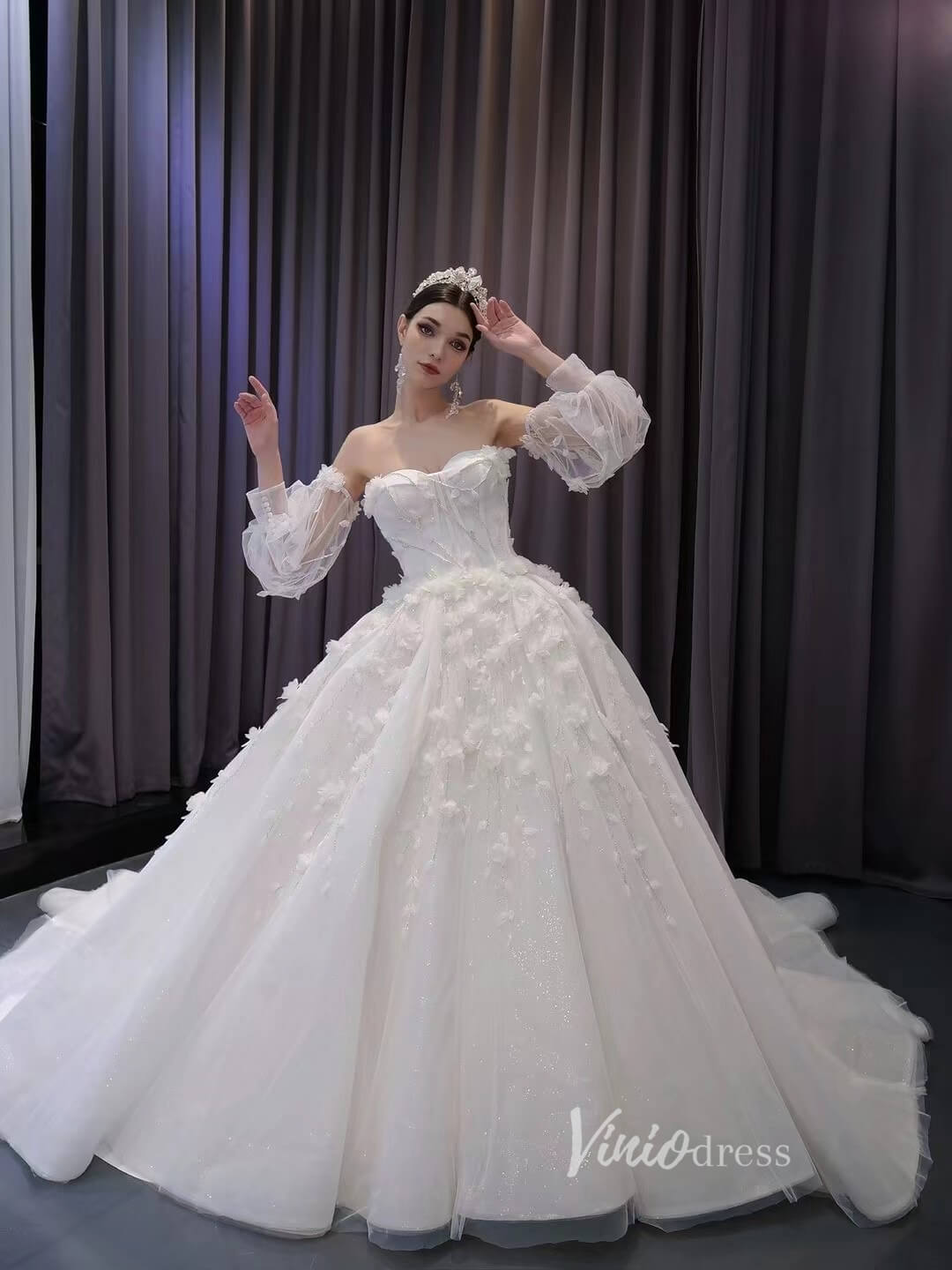 3D Floral White Wedding Dresses Removable Long Sleeves Bridal Gown 231 – Viniodress