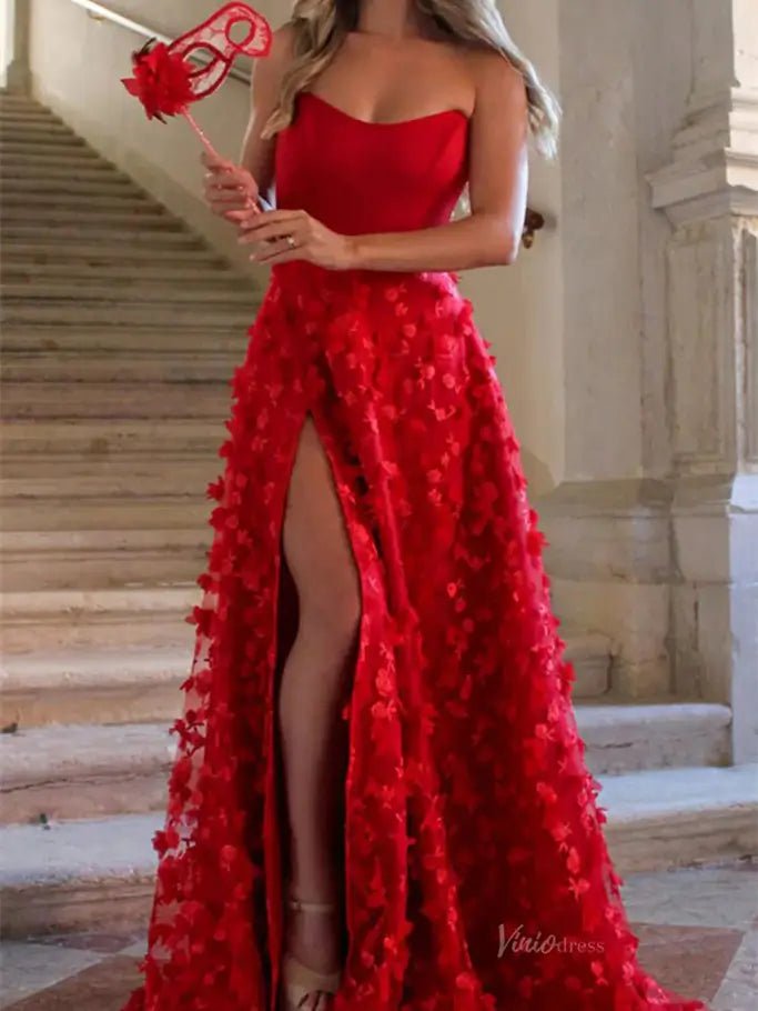 3D Floral Lace Strapless Prom Dresses with Slit Satin Bodice Lace-up Back FD4055-prom dresses 2025 -Viniodress-Black-Custom Size-