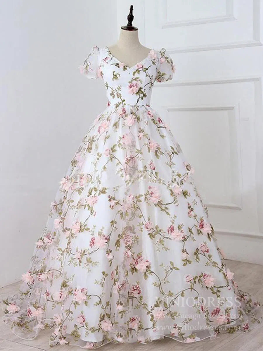 3D Floral Prom Dresses for Teens V-neck Flower Blossom Ball Gowns FD16 –  Viniodress