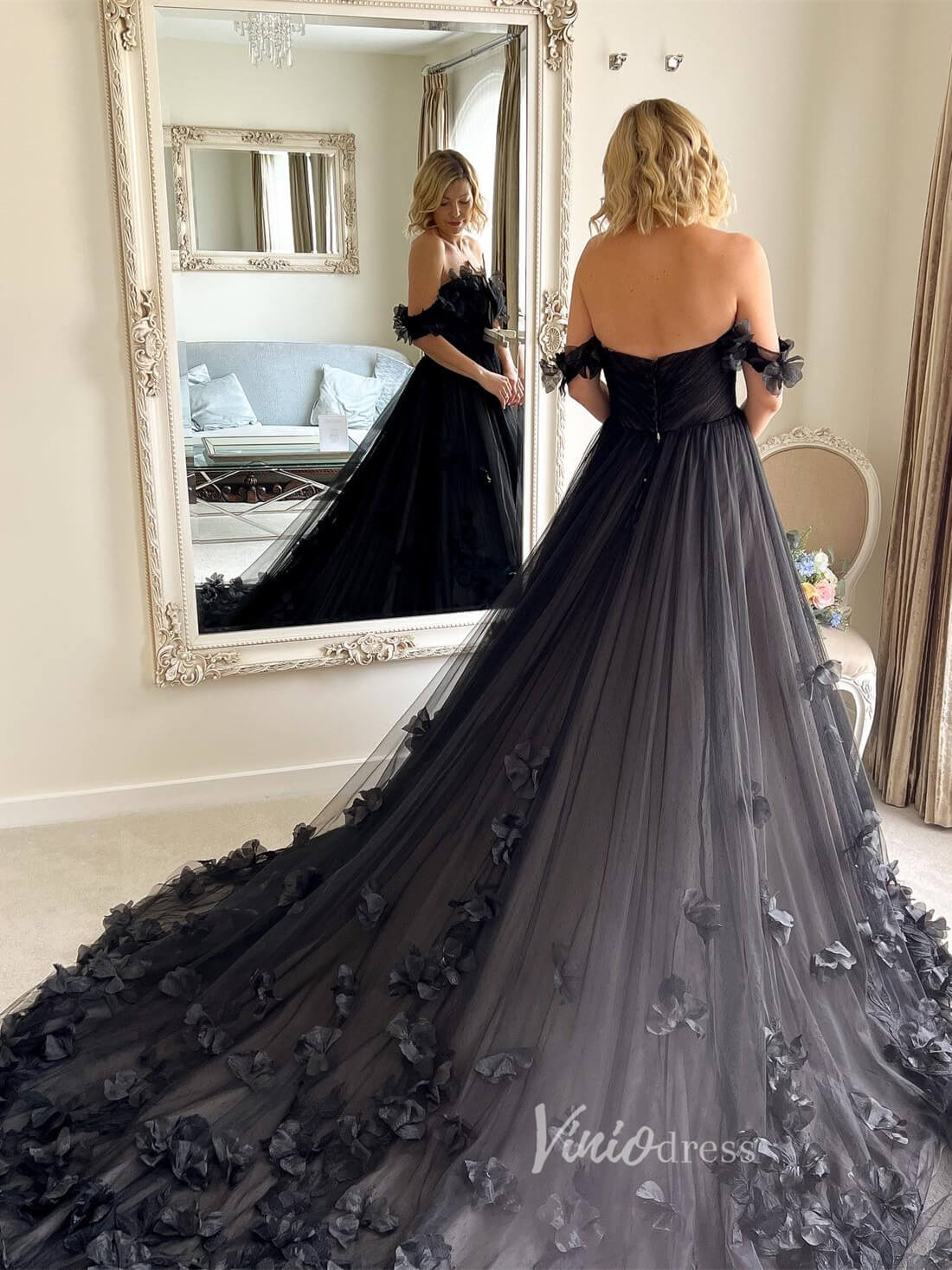 3D Flower Black Prom Dresses Long Floral Wedding Gown FD3641-prom dresses 2025 -Viniodress-Black-Custom Size-
