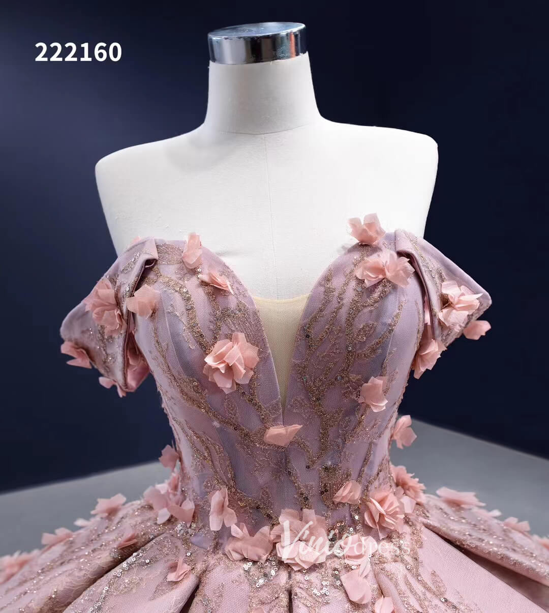 3D Flower Pink Quince Dresses Ball Gown Wedding Dress Off the Shoulder 222160-prom dresses 2025 -Viniodress-Pink-Custom Size-