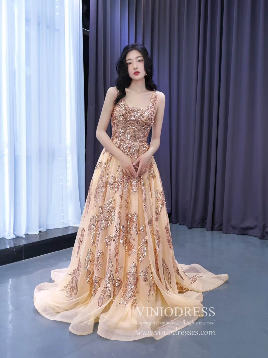 A-line Gold Prom Dress Sparkly Long Pageant Dress 222168 – Viniodress