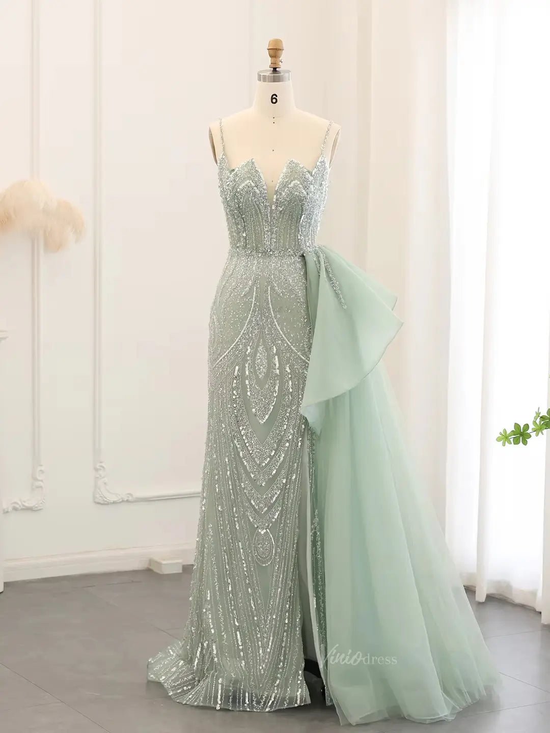 Aqua Overskirt Prom Dresses with Slit Beaded Formal Dresses, Spaghetti Strap BD052-Evening Dresses 2025 -Viniodress-Aqua-US 2-