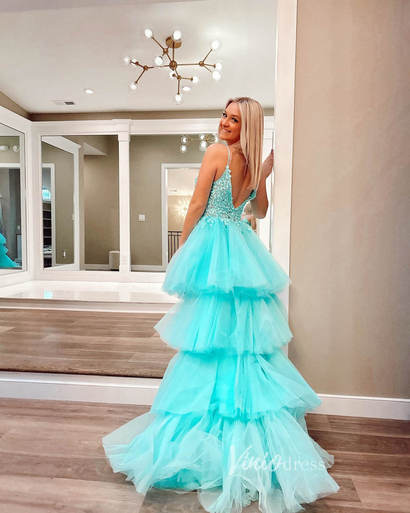 Aqua Ruffle High-Low Prom Dresses Lace Applique Spaghetti Strap Formal – Viniodress