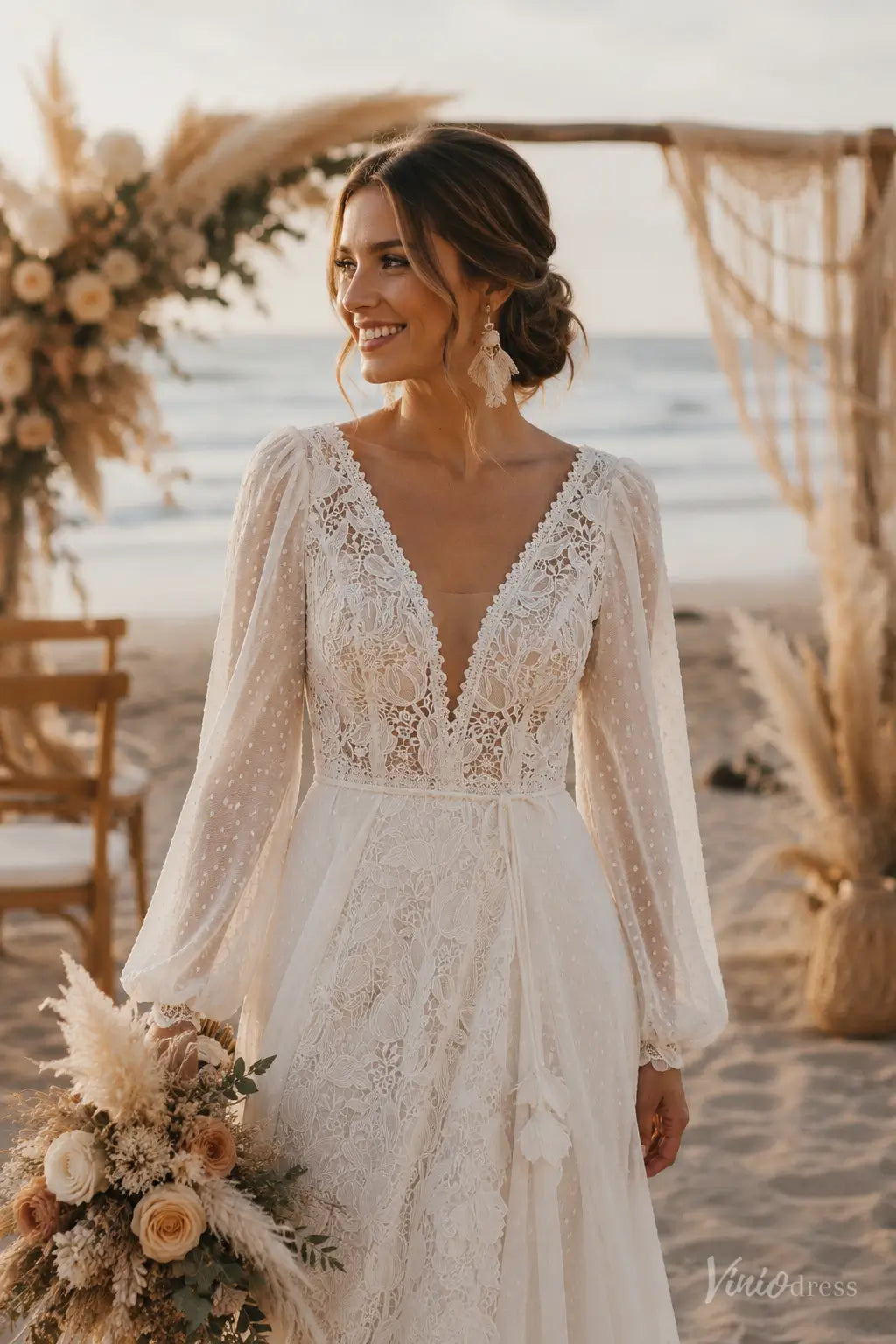 Boho Lace Beach Wedding Dress with Long Puff Sleeves & Deep V-Neck BH117