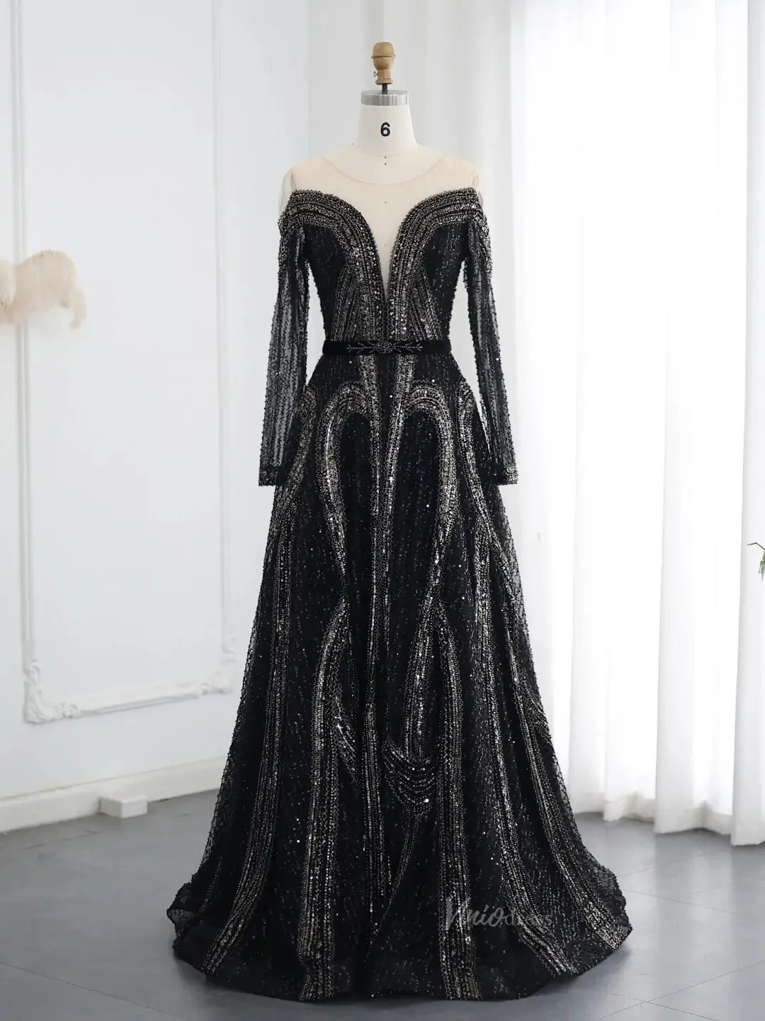 Beaded Black Prom Dresses Long Sleeve A-line Mafia Formal Dresses BD01 – Viniodress