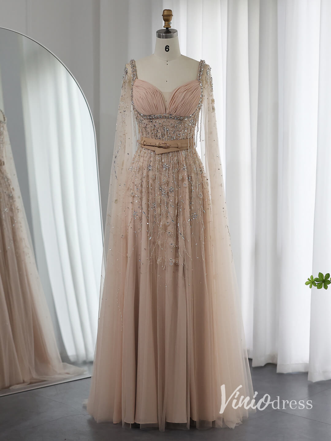 Beaded Blush Pink Evening Dresses Extra Long Sleeve Mother of the Brid – Viniodress
