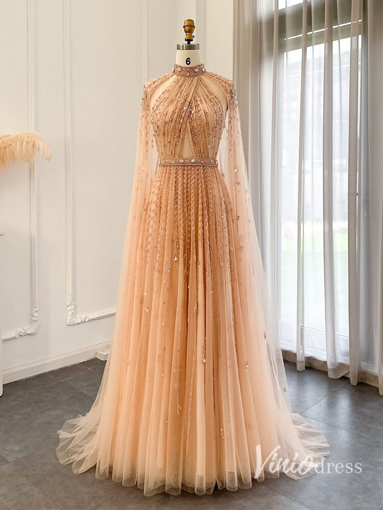 Beaded Cape Sleeve Prom Dresses High Neck Wedding Guest Dress AD1162 – Viniodress