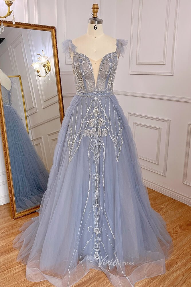 Beaded Dusty Blue Tulle Prom Dresses Plunging V-neck Formal Dress 2004 – Viniodress