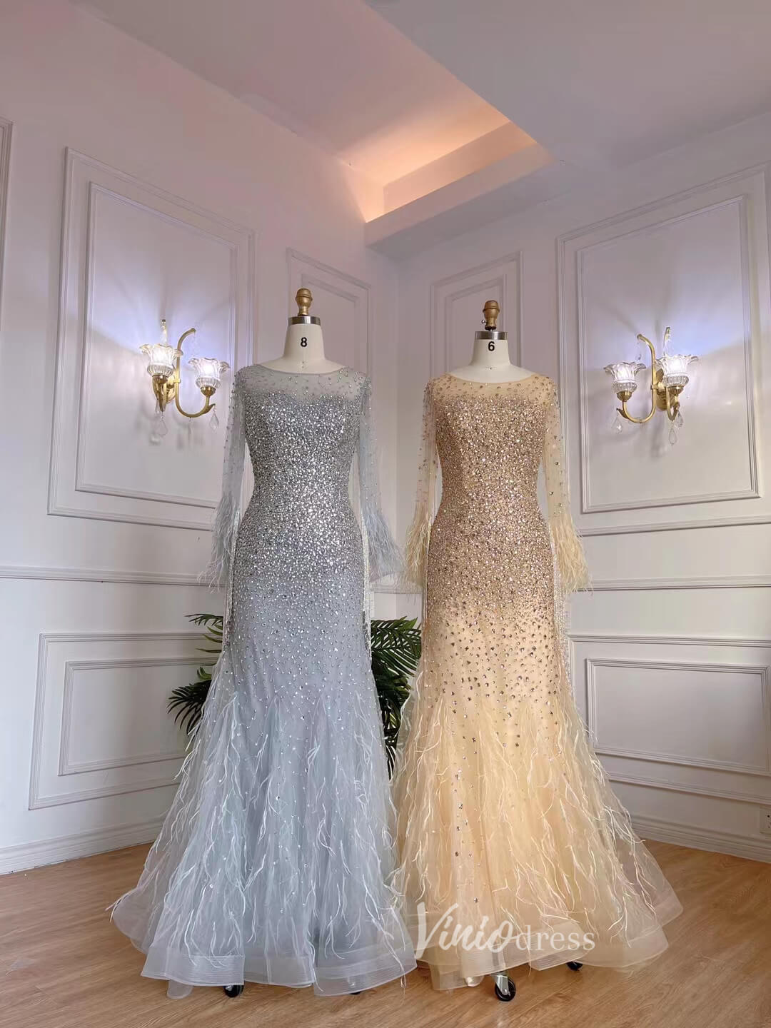 Beaded Feather 1920s Evening Dresses Long Sleeve Shimmer Prom Dress 20 – Viniodress