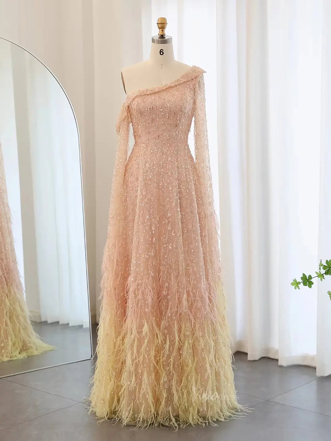 Beaded Feather Prom Dresses Vintage Formal Dresses Extra Long Sleeve B – Viniodress