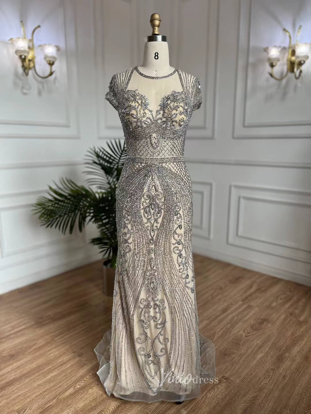 Beaded Grey 1920s Evening Dresses Cap Sleeve Prom Dress 20062 – Viniodress