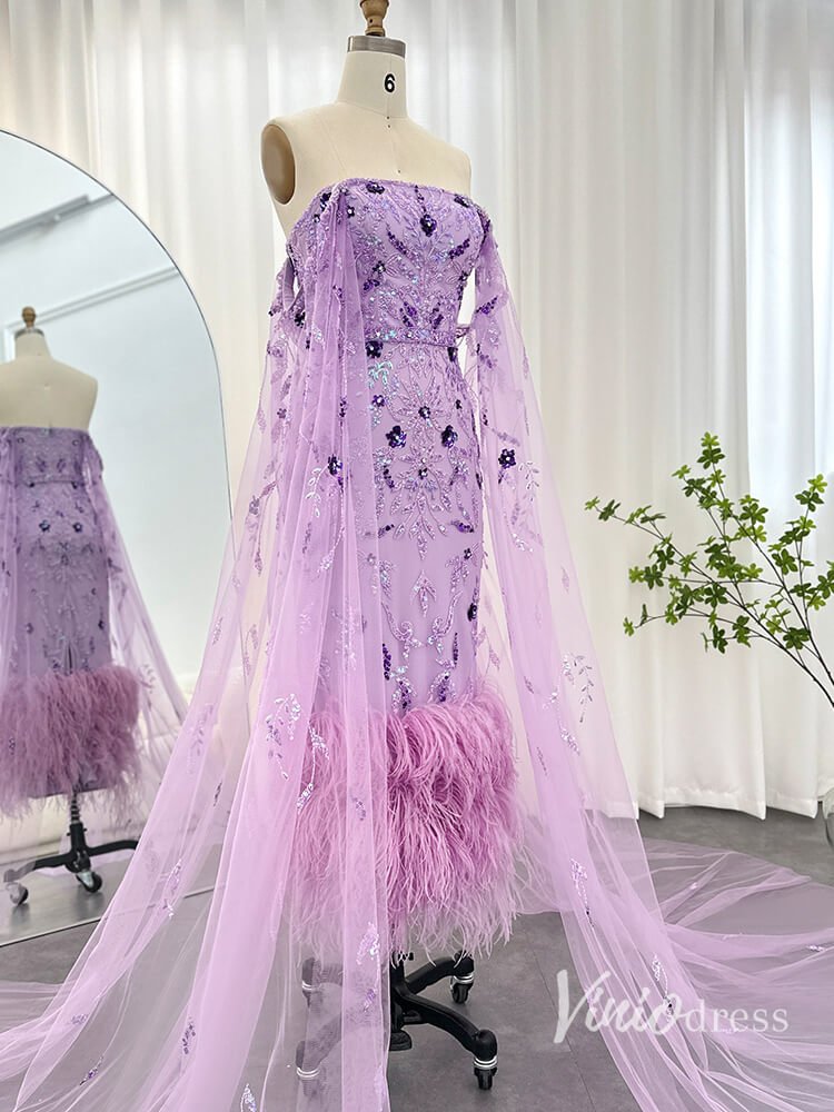 Beaded Lace Cape Sleeve Evening Dresses with Feathers Tea-Length Mothe – Viniodress