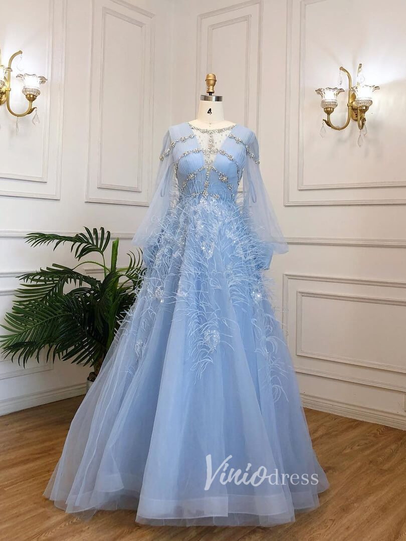 Beaded Light Blue Feather Prom Dresses Long Puff Sleeve Evening Dress – Viniodress
