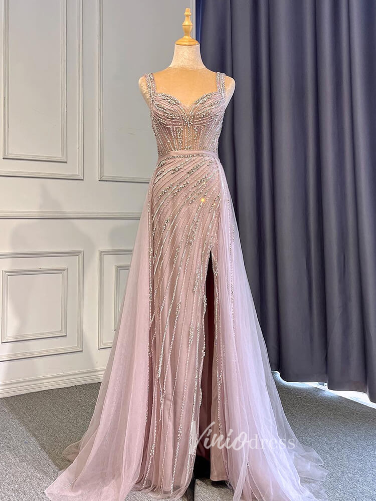 Beaded Mauve Prom Dresses Overskirt Sheath Gold Evening Dress with Sli – Viniodress