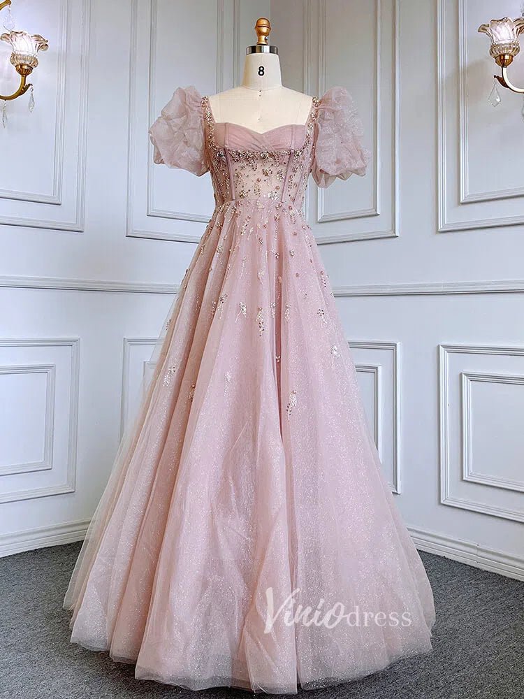Beaded Sparkly Pink Prom Dresses Puffed Sleeve Princess Dress 20013 – Viniodress
