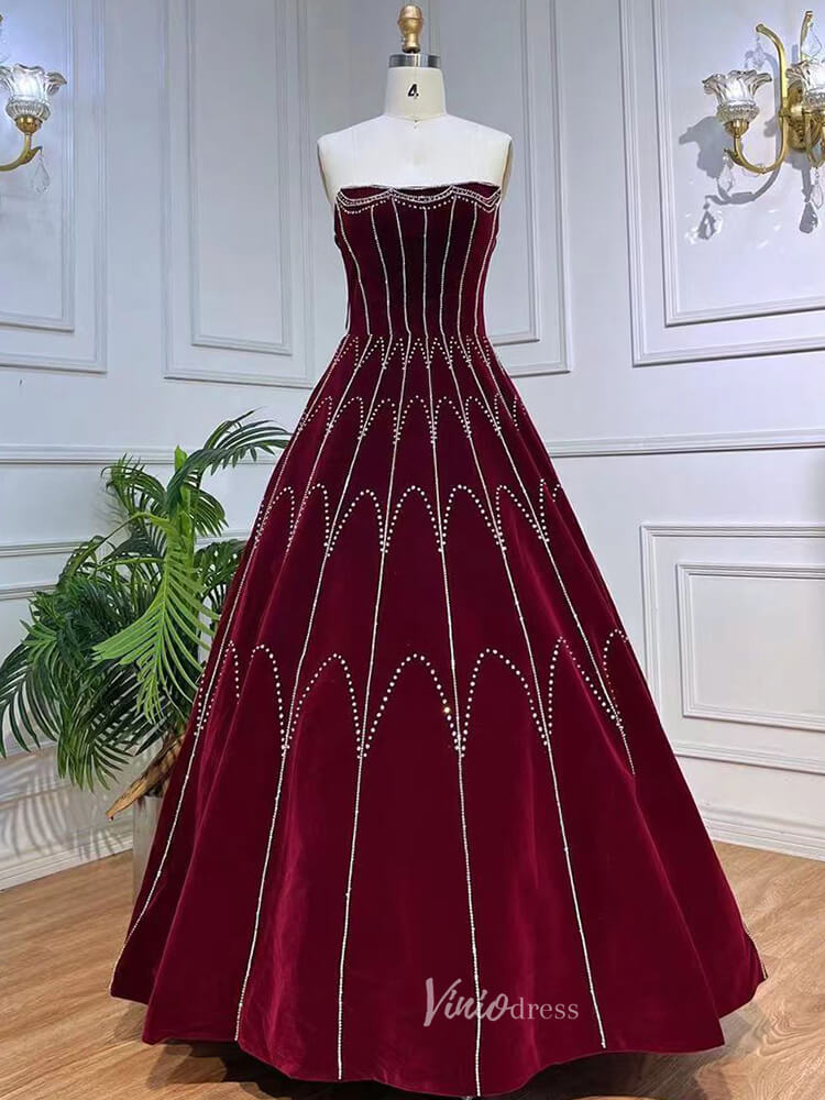 Beaded Strapless Burgundy Velvet Prom Dresses Detachable Sleeve Evenin – Viniodress