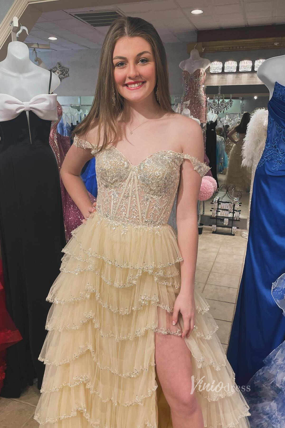 Beaded Tiere Ruffle Prom Dresses with Slit, Off the Shoulder FD3640D-prom dresses 2025 -Viniodress-Champagne-Custom Size-