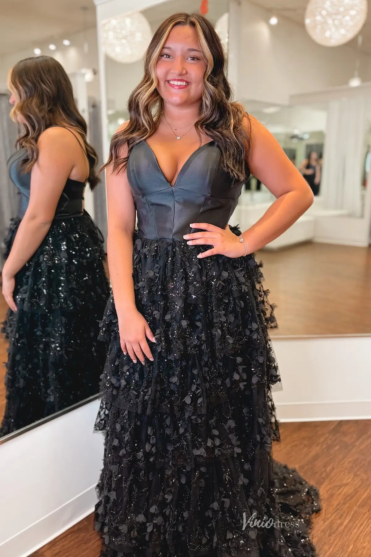 Black 3D Floral Prom Dress with Tiered Tulle Skirt – RF041 – Viniodress