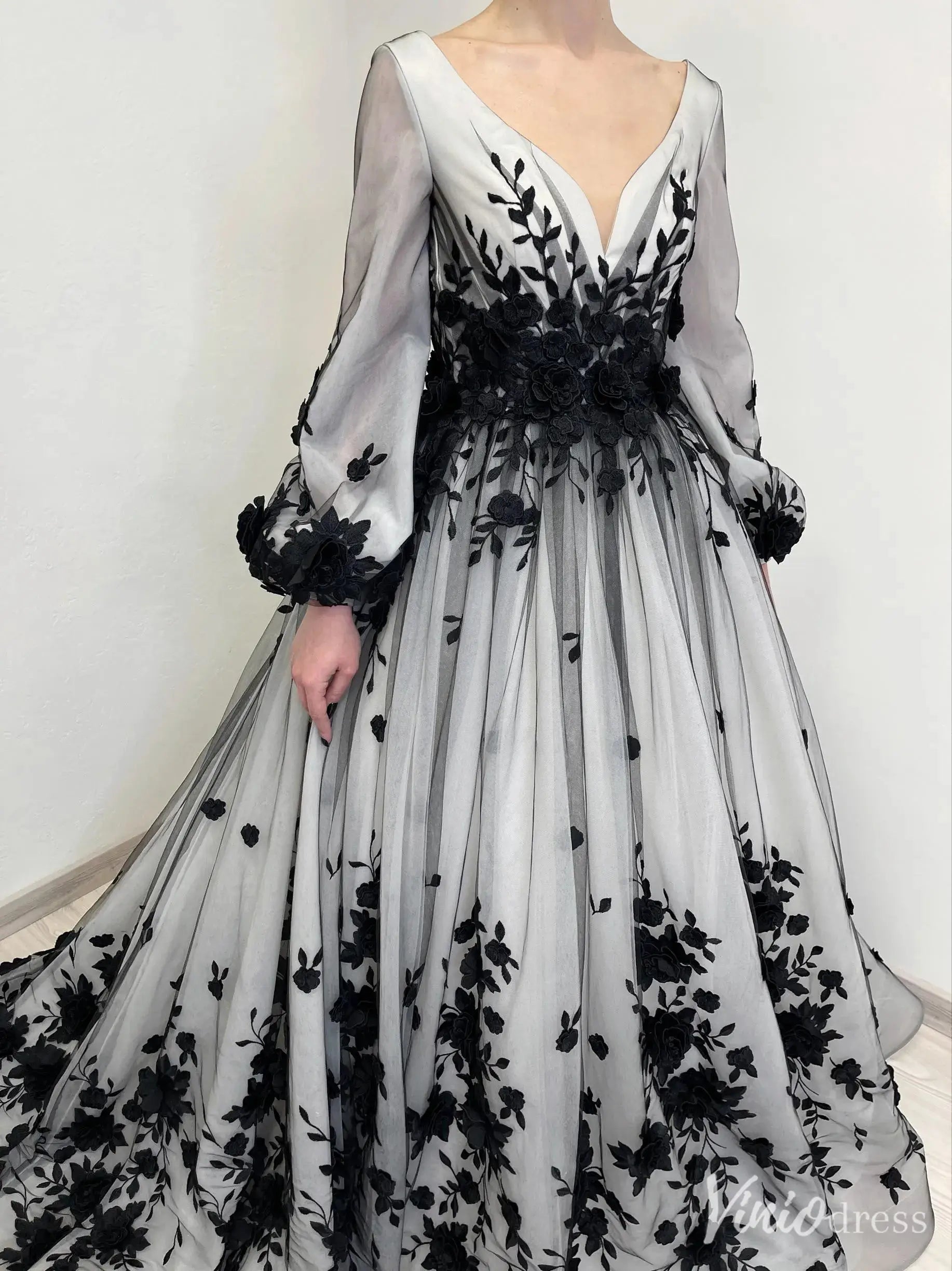 Black Floral Appliqué Wedding Dress with V-Neck, Bishop Sleeves, Chapel Train – BK112 – Viniodress