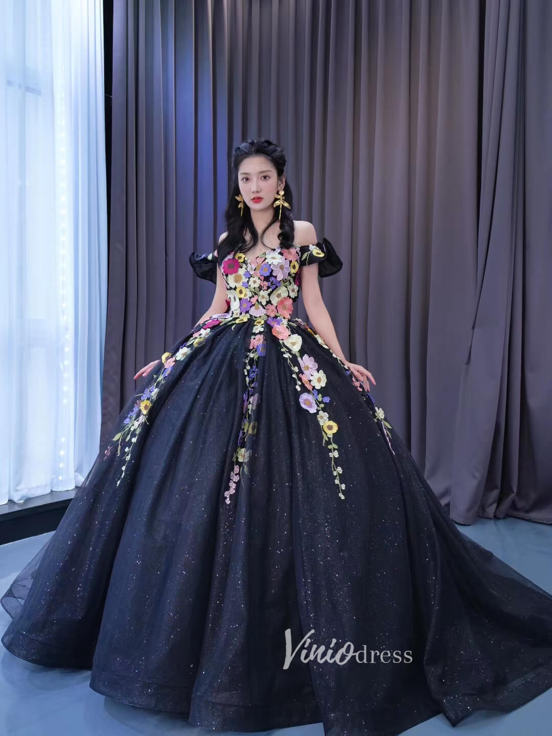 Black Floral Ball Gown Wedding Dress Off the Shoulder Sweet 16 Dress 2 – Viniodress