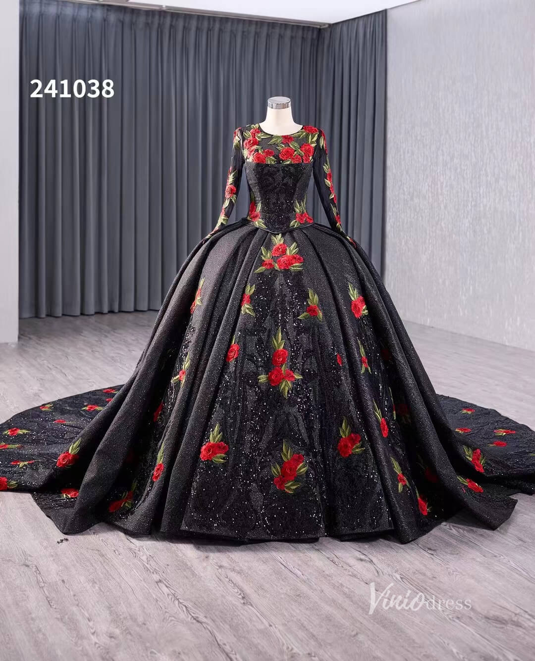 Black Floral Lace Rosette Wedding Dresses Sparkly Long Sleeve Quincean – Viniodress