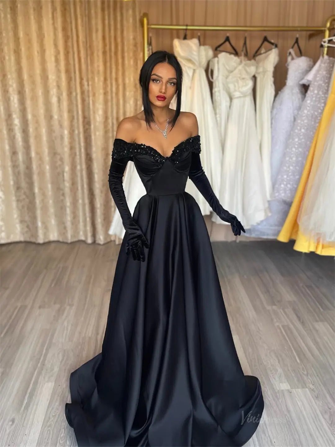 Black Satin A-Line Prom Dresses 2025 with Glove & Sweetheart Neck – FD – Viniodress