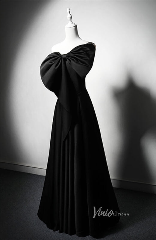 Black Satin Bow Tie Prom Dresses Strapless Formal Dress AD1218-prom dresses 2025 -Viniodress-Black-Custom Size-