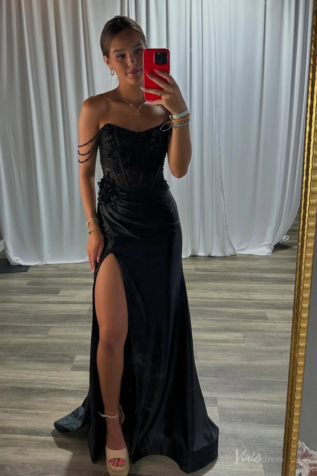 Black Satin Mermaid Prom Dress with Beaded Lace and Slit – SS213 – Viniodress