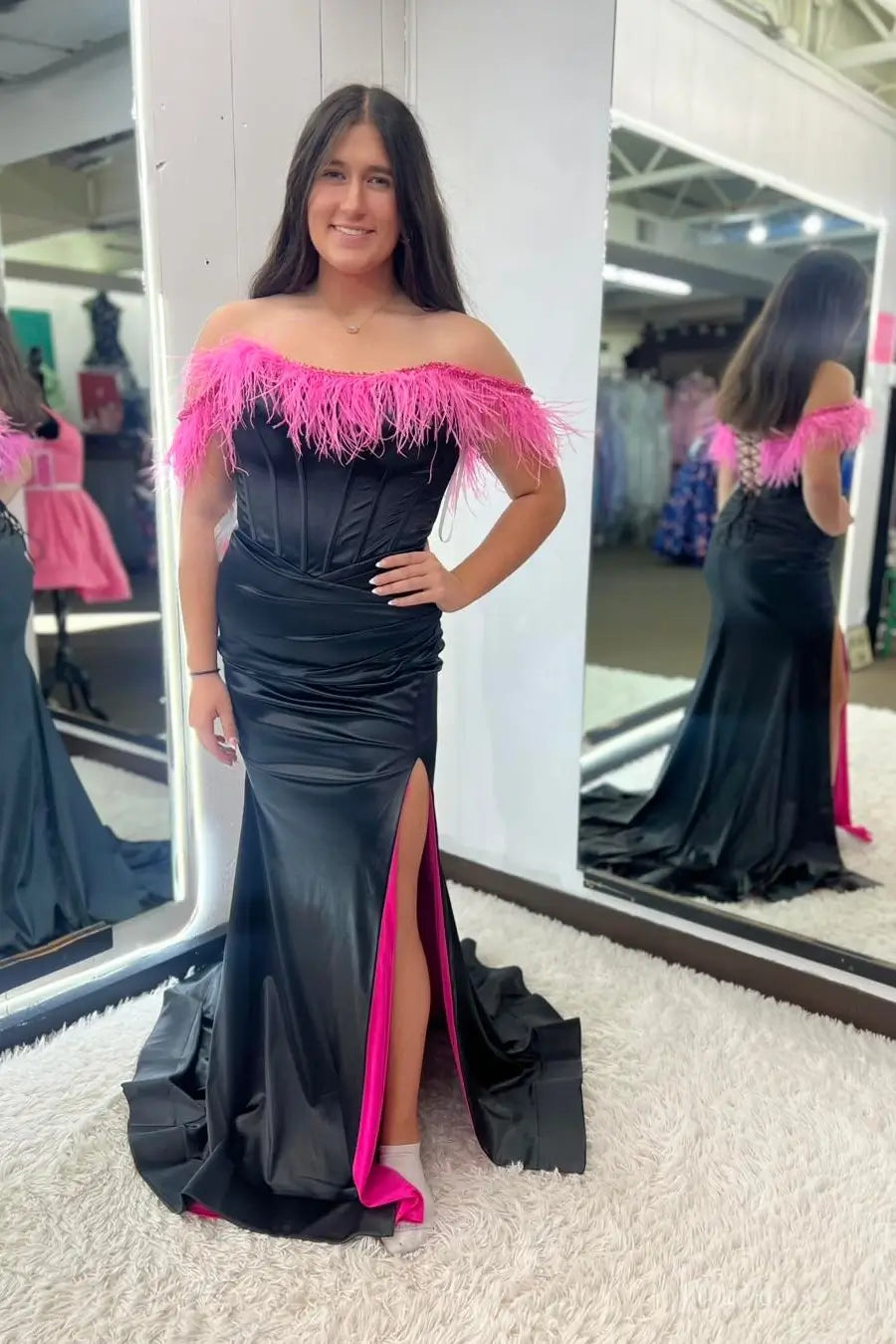 Black Satin Mermaid Prom Dress with Pink Feather Trim & Slit – SS302 – Viniodress