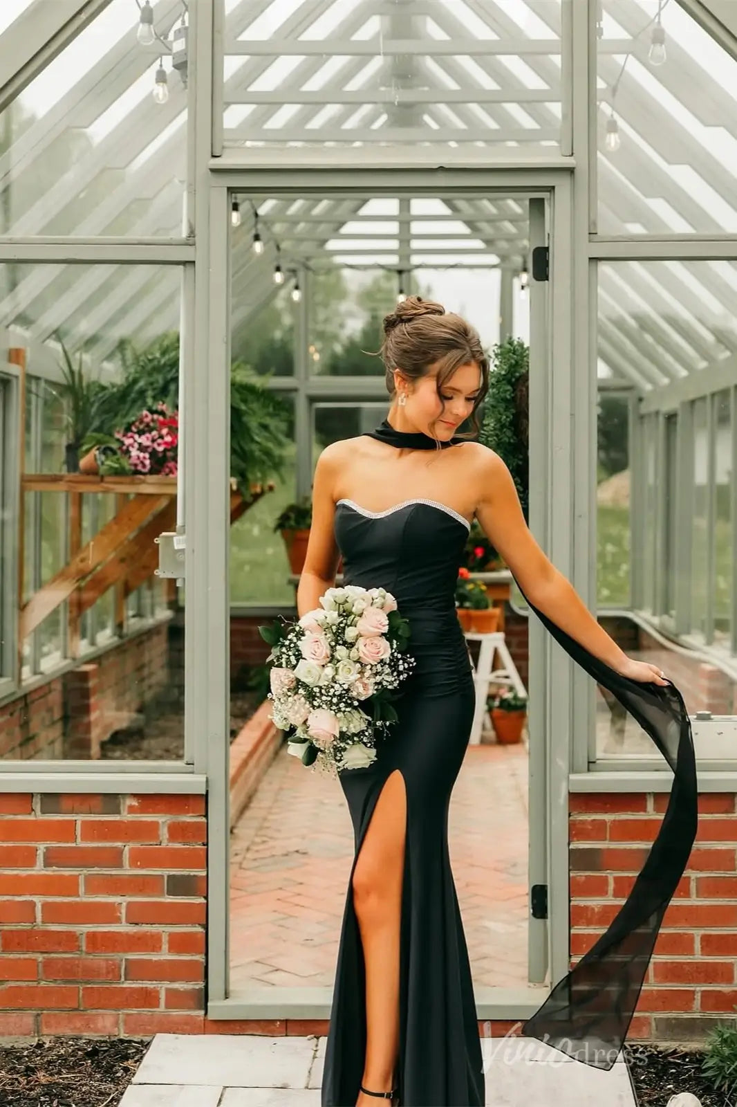 Black Satin Prom Dress with Sheer Scarf, Rhinestone Trim Sweetheart Neckline, and High Slit – SS050