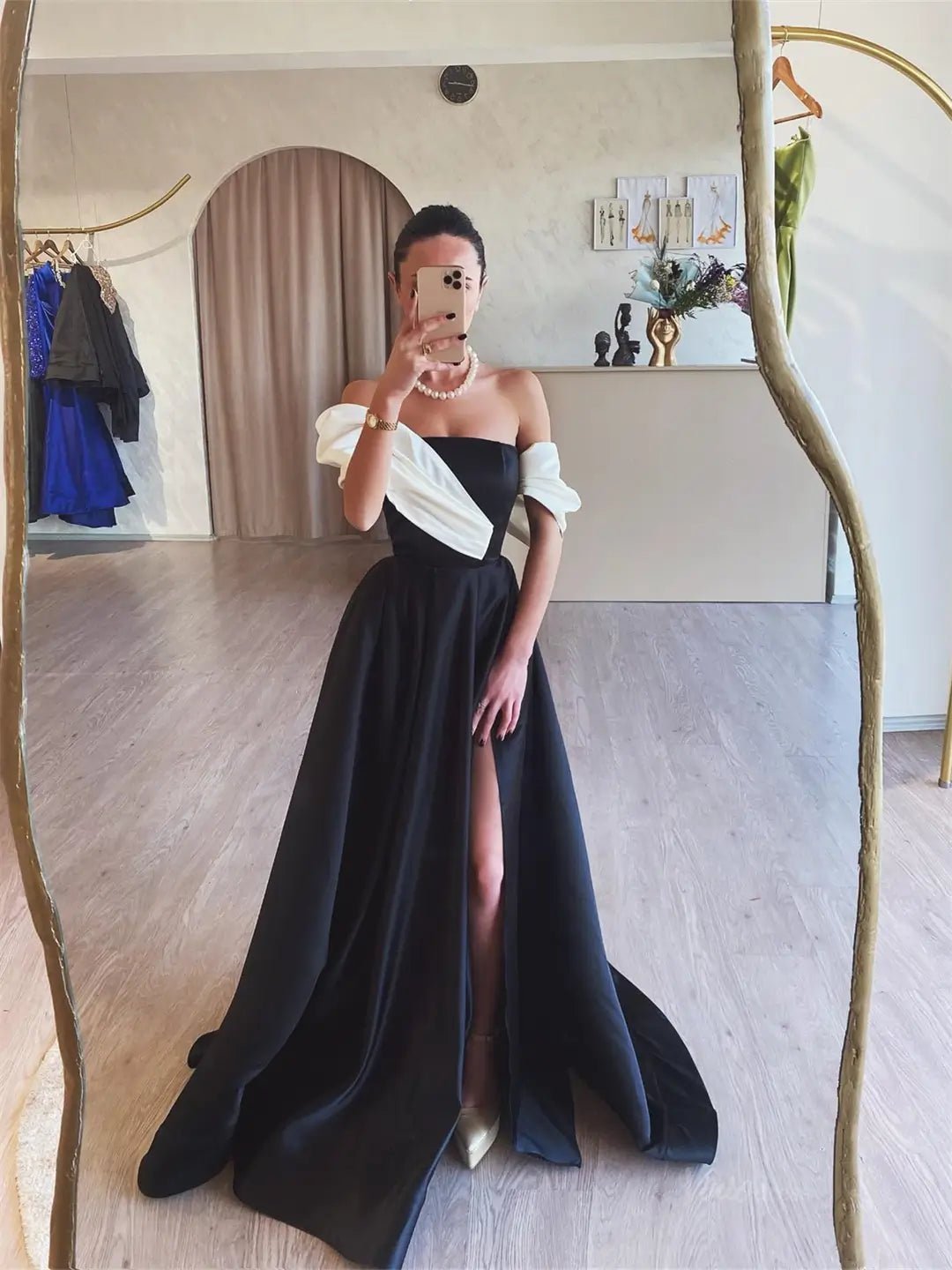 Black Satin Prom Dresses 2025 Off the Shoulder Formal Gown with High S – Viniodress