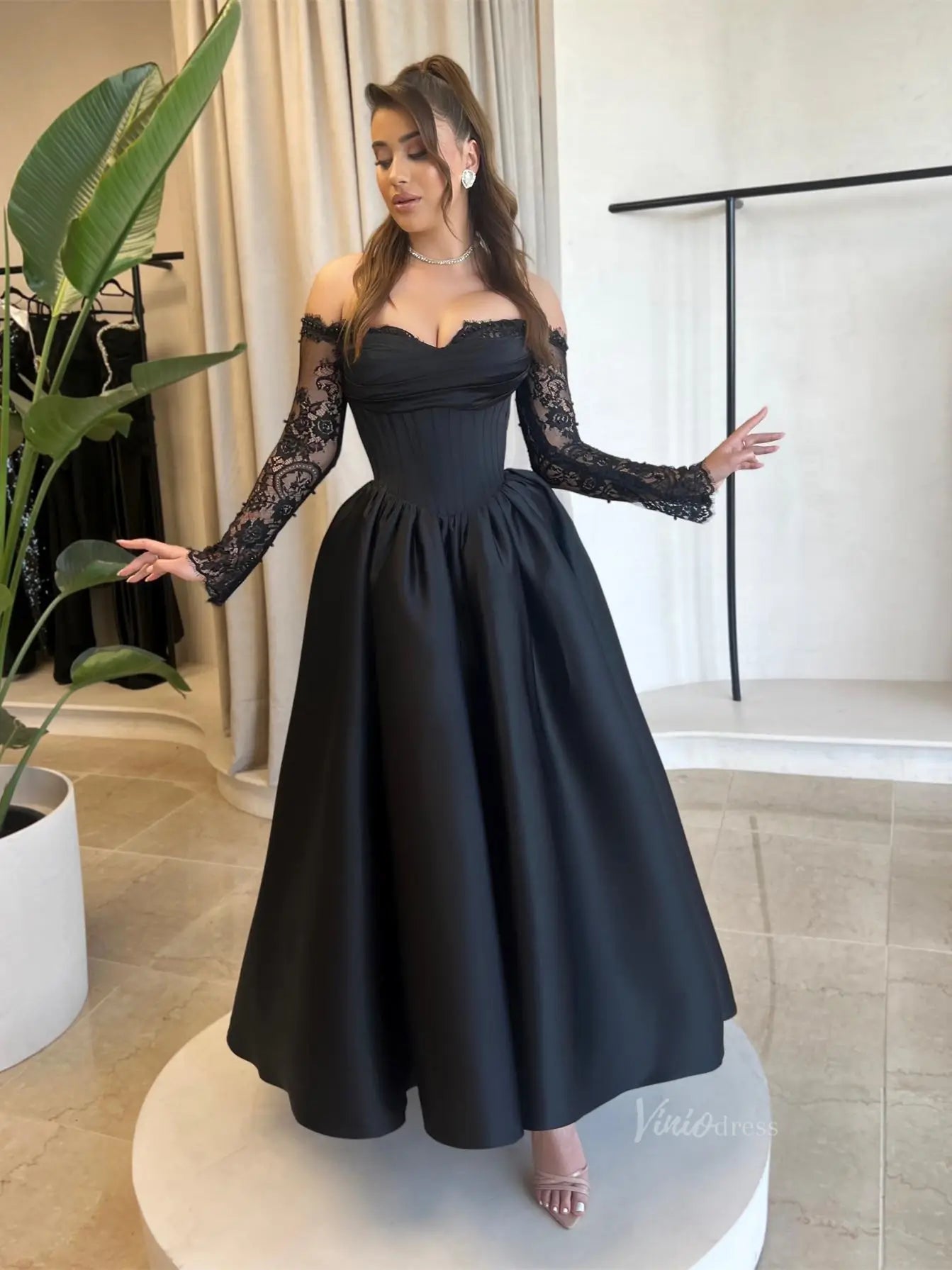 Black Satin Prom Dresses Off the Shoulder Lace Long Sleeve Maxi Dress – Viniodress