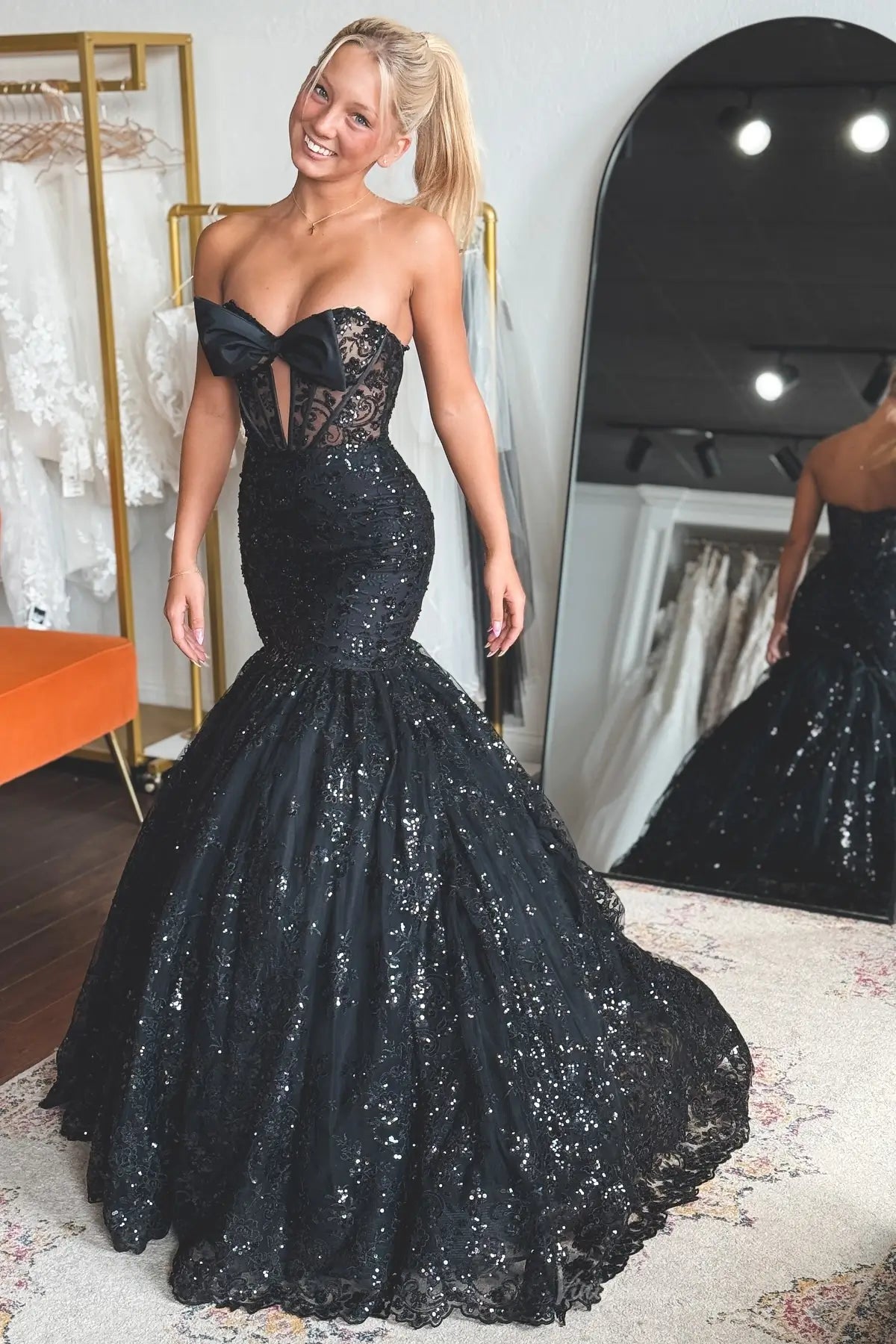 Black Sequin Lace Mermaid Prom Dress with Satin Bow – LP031 – Viniodress