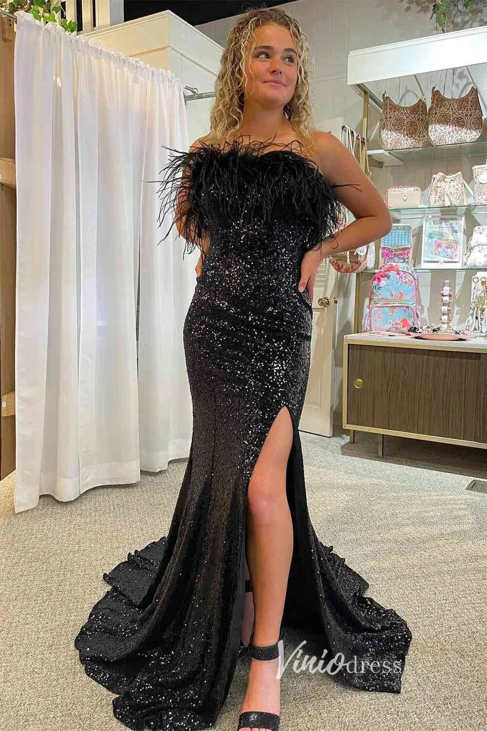 Black Sequin Prom Dresses with Slit Feather Evening Gown FD2741 – Viniodress