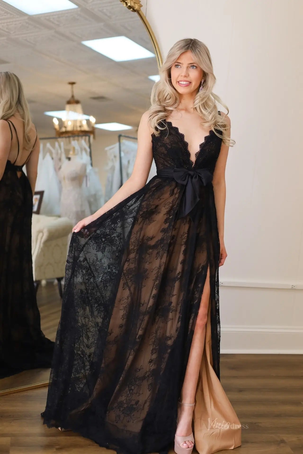 Black Sheer Lace Deep V Prom Dress with Spaghetti Strap & Slit – AL009 – Viniodress