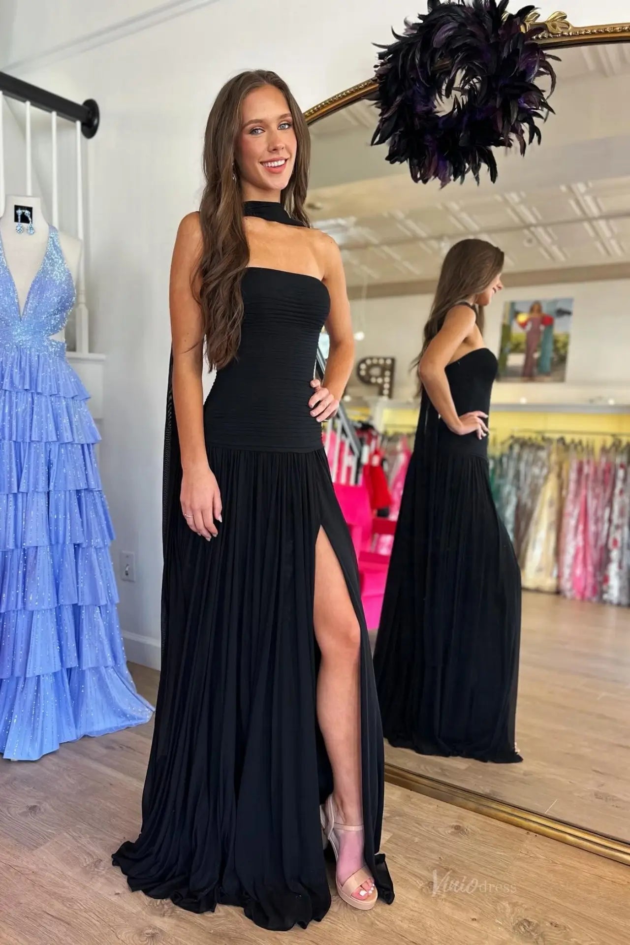 Black Strapless Prom Dress with Ruched Chiffon Bodice, Choker Neck & High Slit – SS378