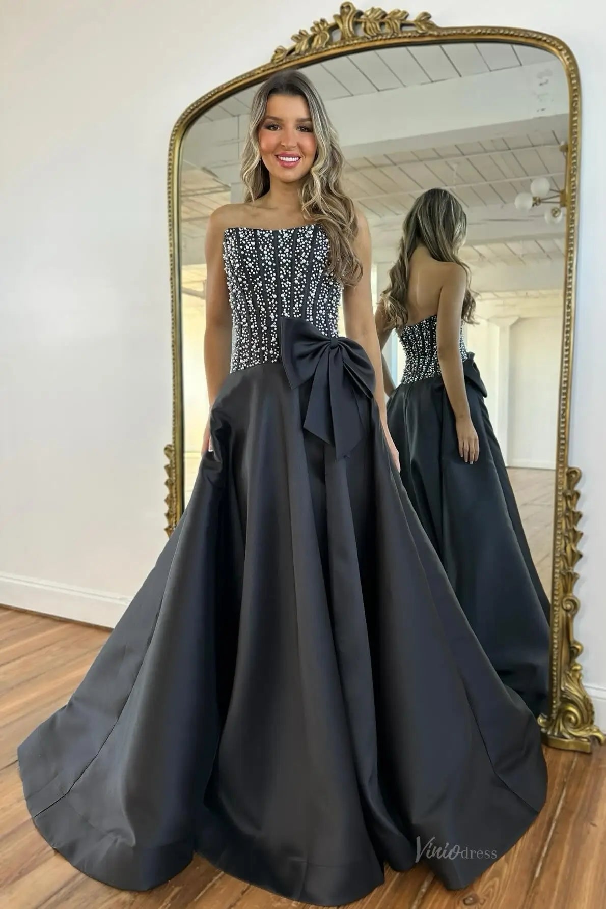 Black Rhinestone Strapless Prom Dress with Satin Bow & Slit – AS091 – Viniodress