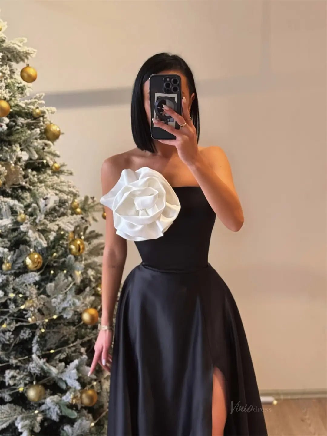 Black Strapless Satin Prom Dresses 2025 with Slit & 3D Flower – FD5217-prom dresses 2025 -Viniodress-Black-Custom Size-