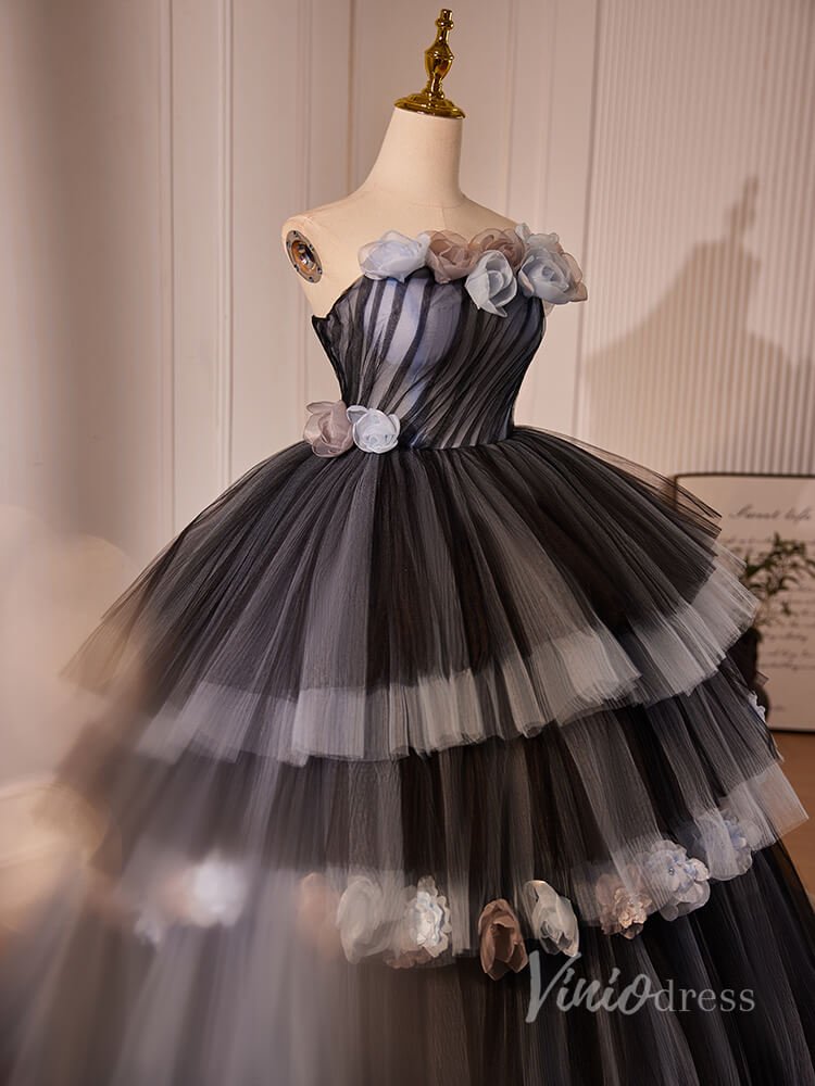 Black Tiered Pleated 3D Flower Prom Dresses Strapless Ombre Quinceanera Dress 90026-prom dresses 2025 -Viniodress-Black-Custom Size-