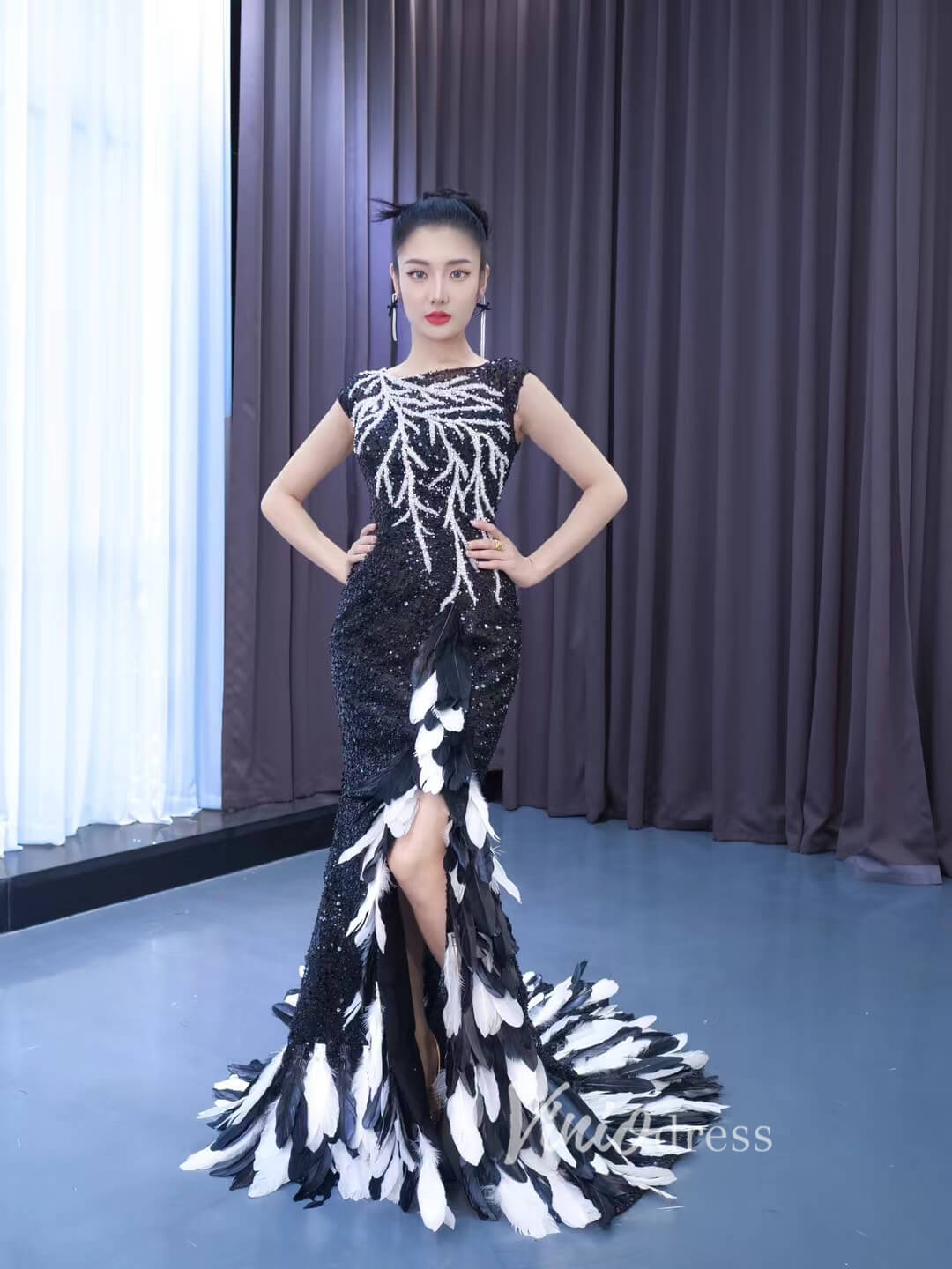 Black & White Evening Dresses Beaded Pageant Dress Cap Sleeve 222153 – Viniodress