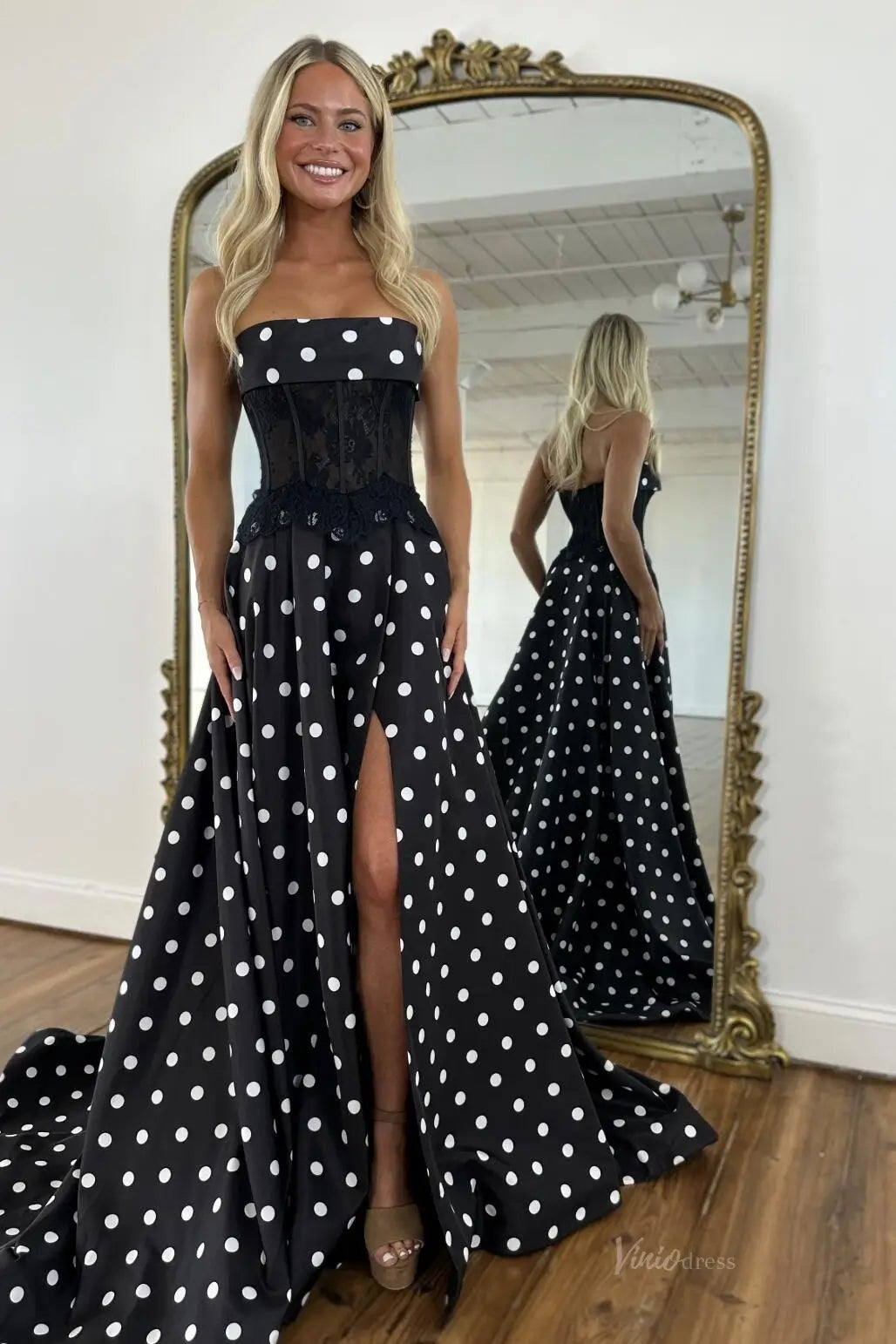 Polka Dot Strapless Prom Dress with Lace Corset & High Slit – AS095 – Viniodress