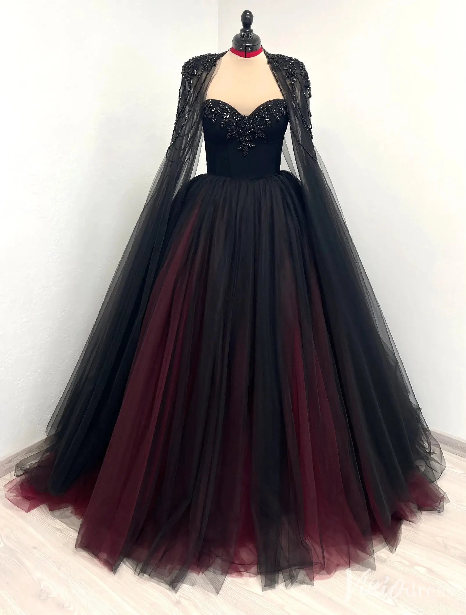 Black and Burgundy Wedding Dress with Beaded Bodice, Cape & Cathedral Train – BK115 – Viniodress