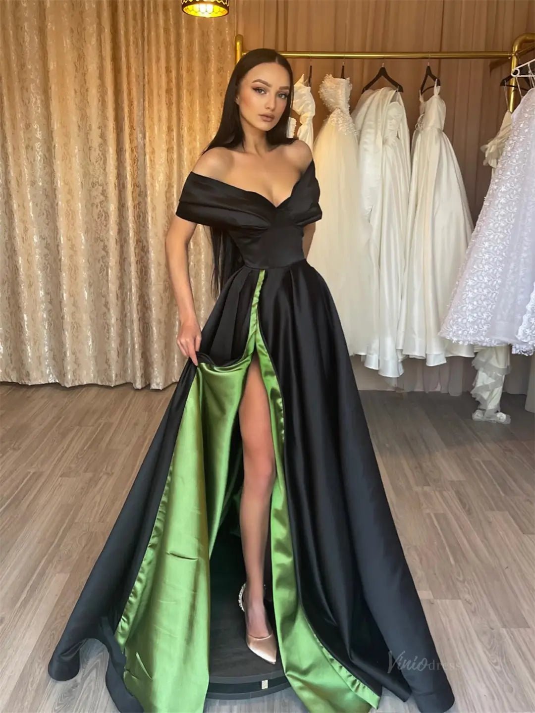 Black and Green Satin Prom Dresses 2025 Off the Shoulder Formal Gown w – Viniodress