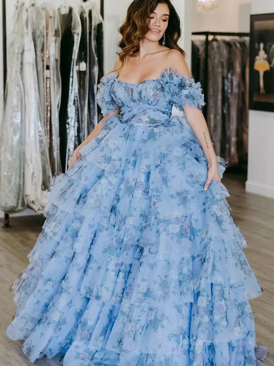 Blue Floral Print Tulle Prom Dresses 2025 Tiered Off the Shoulder Form – Viniodress
