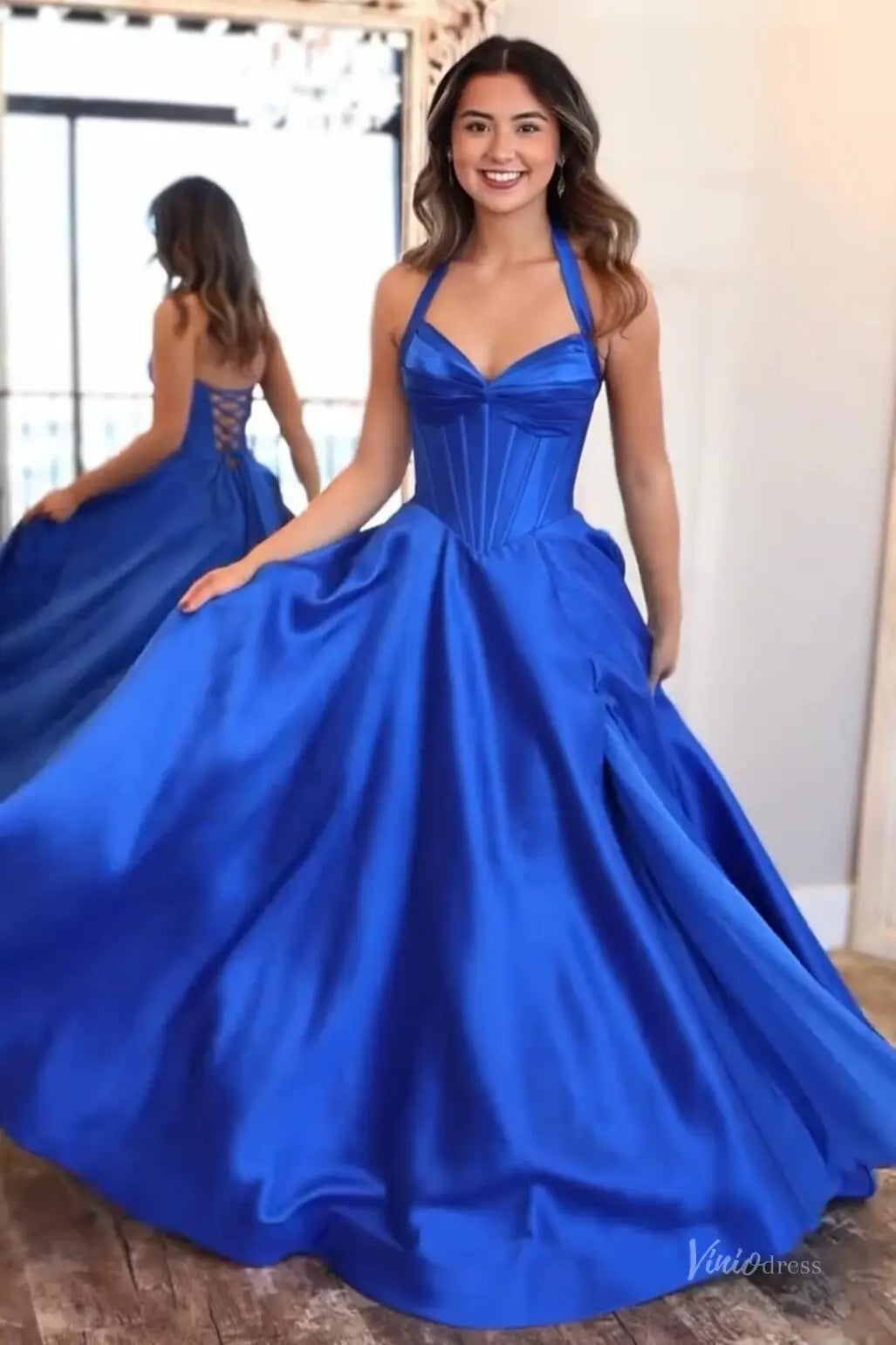 Blue Halter Satin Ball Gown Prom Dress with Corset Bodice – AS091 – Viniodress